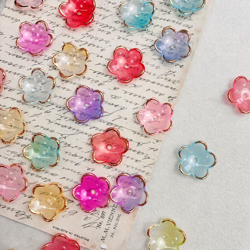 Two-Tone Gold-Trimmed Acrylic Flower Beads, Puffy 5-Petal Center-Hole Charms For DIY Hanfu Hairpin Flower Bases & Jewelry Making.