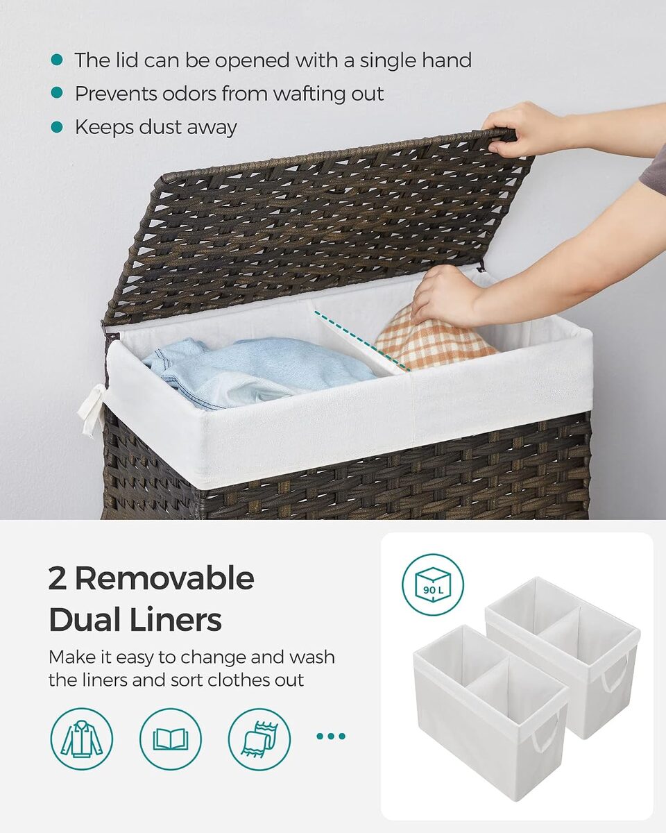 SONGMICS Laundry Hamper With Lid, 90L Double Wicker Basket, 6 Mesh Bags